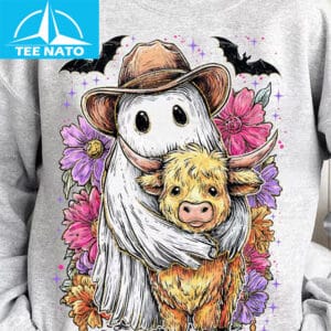Retro Cute Ghost And Highland Cow Shirt3